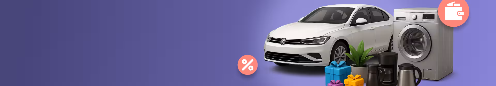 Samochód, różne urządzenia AGD i prezenty symbolizują zakupy, które można sfinansować za pomocą kredytu.