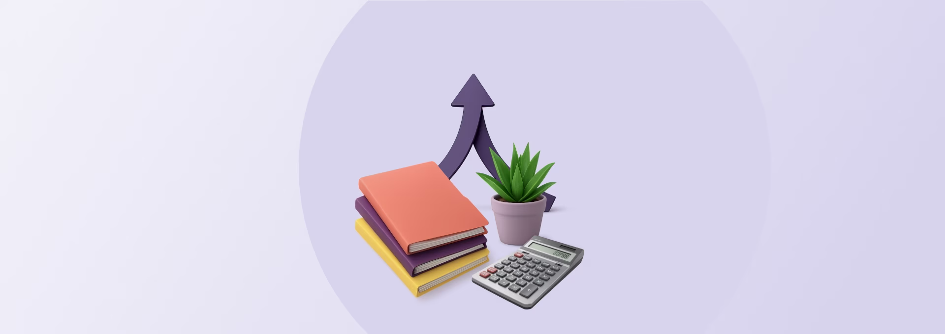 Książki, kalkulator i rosnąca strzałka – symbolizują wzrost finansowy dzięki konsolidacji kredytów.